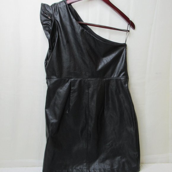 Express Women Large Black Faux Leather One Shoulder Mini Dress Ruffles Mob Wife - Picture 1 of 15